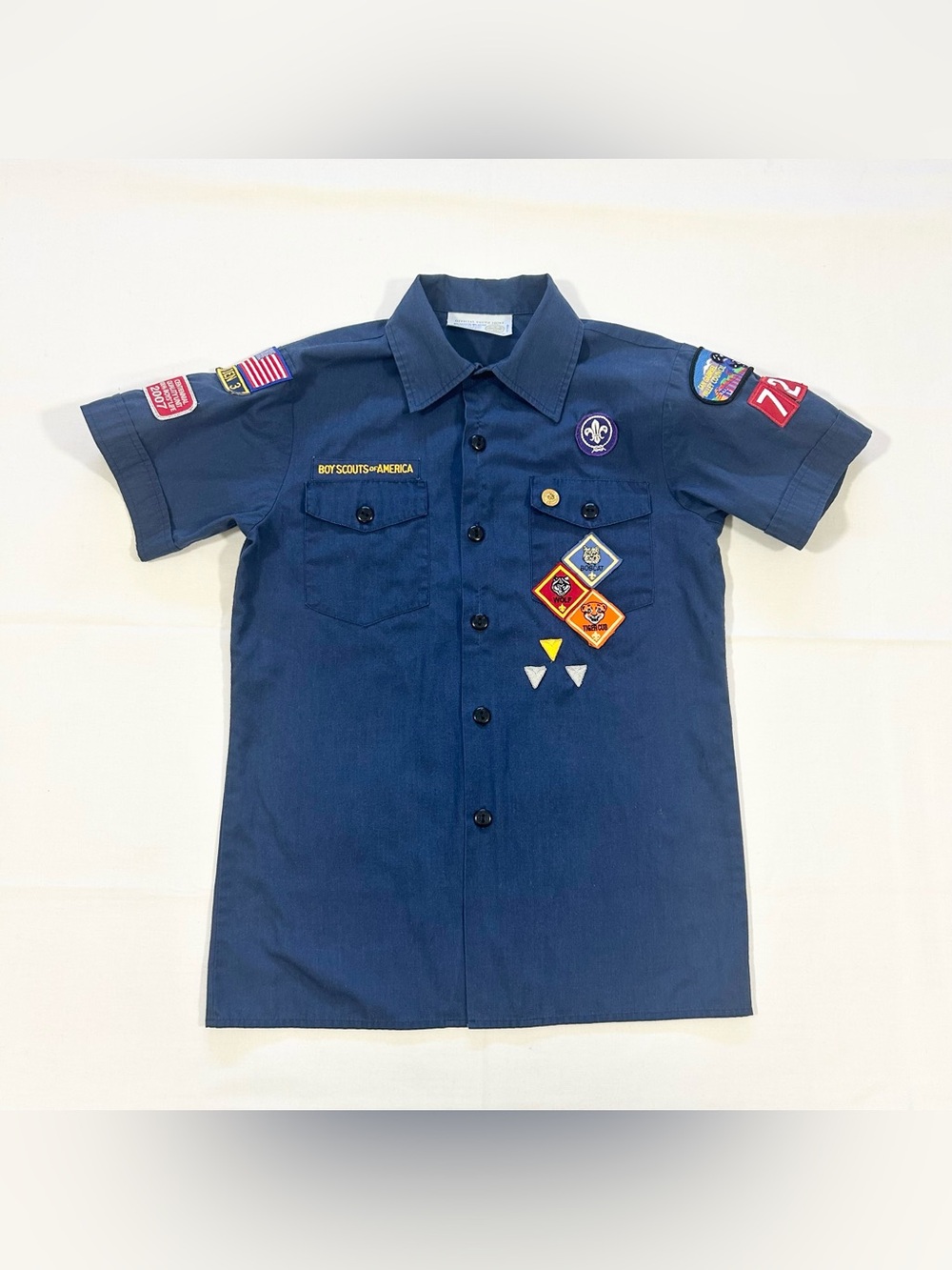 Boy Scouts Of America Youth L Blue Button Up Shirt Uniform Patches Ribbon Pins